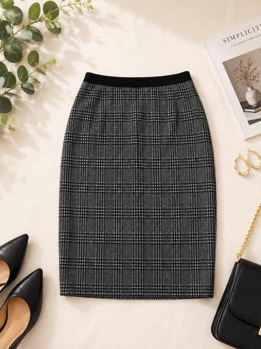 IRIS Women's Gray Black Plaid Pencil Midi Skirt Stretch Pull On Size Medium